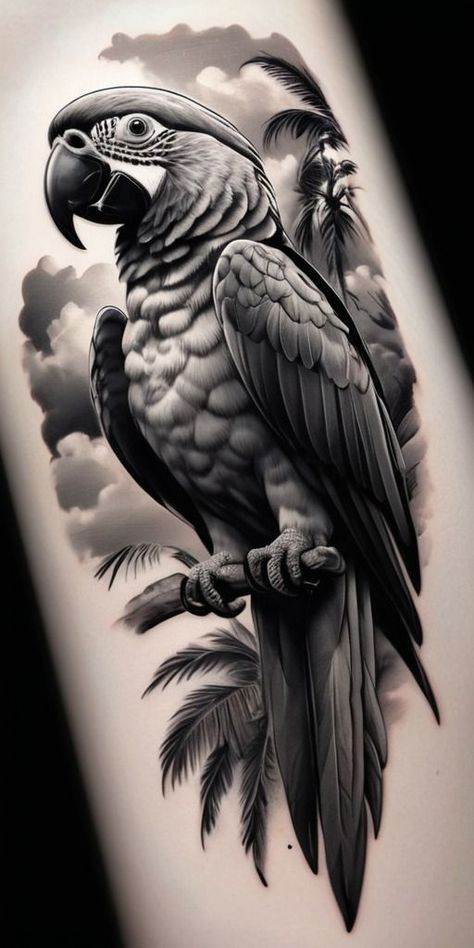 Tattoo Realism Design, Parrot Tattoo Design, Black And Grey Tattoo Design, Realism Tattoo Design, Realistic Tattoo Ideas, Bird Tattoo Design, Realistic Owl Tattoo, Black Parrot, Parrot Tattoo