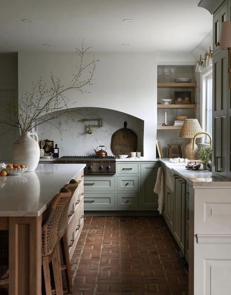 35 Beautiful Backsplash Behind Stove Ideas You Should Try Sage Green Kitchen, Green Kitchen Cabinets, English Kitchens, All White Kitchen, Green Cabinets, Cottage Kitchen, Green Kitchen, Counter Tops, Painting Cabinets