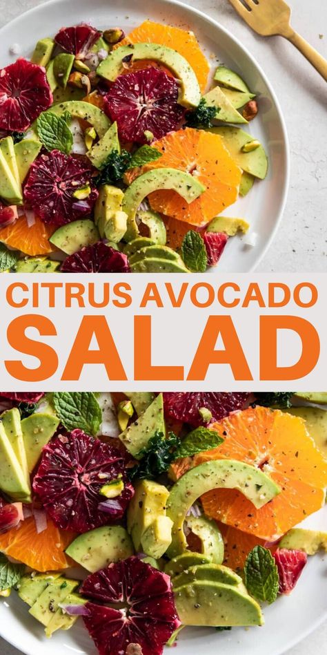 Citrus Avocado Salad -- A vibrant, beautiful, and easy-to-make immune-boosting salad! This vegan salad is not only gorgeous but also exploding with flavor and seasonal fruit and loads of goodness. Made with a mix of citrus fruit, creamy avocado, crunchy pistachio, and fresh mint leaves, this refreshing salad comes together in minutes! | realandvibrant.com #realandvibrant #salad #avocado #citrus Avocado Salad Vegan, Avocado Health Benefits, Salad With Avocado, Citrus Salad, Salad Vegan, Hearty Salads, Refreshing Salad, Vegan Salad, Avocado Recipes