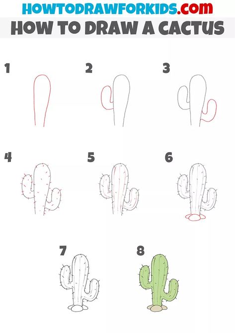 How to Draw a Cactus Step by Step - Drawing Tutorial For Kids Draw A Cactus Easy, How To Draw A Cactus Easy, Cactus Chalk Art, How To Draw Plants Step By Step Easy, Draw Cactus Step By Step, How To Paint A Cactus Step By Step, How To Draw A Cactus Step By Step, Desert Drawing Easy, How To Draw Cactus