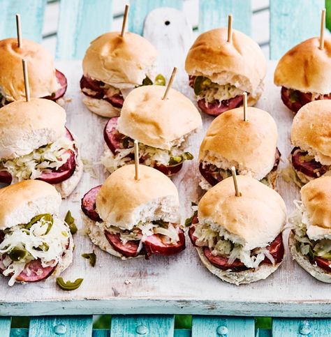 Kielbasa Sliders Kielbasa Sliders, Barbecue Sliders, Kielbasa Appetizer, Sausage Sliders, Honey Barbecue Sauce, Sweet Dinner Rolls, Kielbasa Recipes, Honey Barbecue, Kielbasa Sausage