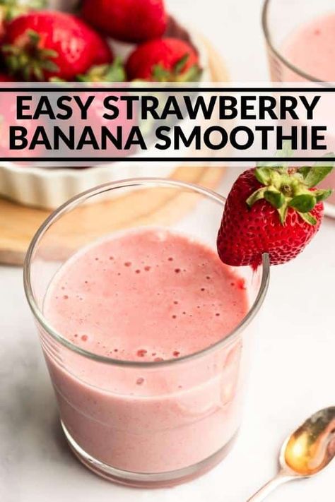 You'll love this simple strawberry banana smoothie with only 4 ingredients. It's an easy snack or breakfast that will satisfy your sweet craving. Make it in just 5 minutes! Easy Strawberry Banana Smoothie, Strawberry Banana Smoothie With Milk, Strawberry Banana Oats Smoothie, Strawberry Banana Smoothie With Yogurt, Simple Strawberry Banana Smoothie, Banana Milk, Strawberry Banana Smoothie, Smoothie Prep, Blueberries Smoothie