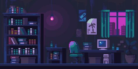 Cyberpunk room by Norma2D on DeviantArt Link Pixel Art, Cyberpunk Room, Bookshelf Art, Pixel Art Background, Desktop Wallpaper Organizer, New Retro Wave, Pix Art, Pixel Art Games, Mac Wallpaper