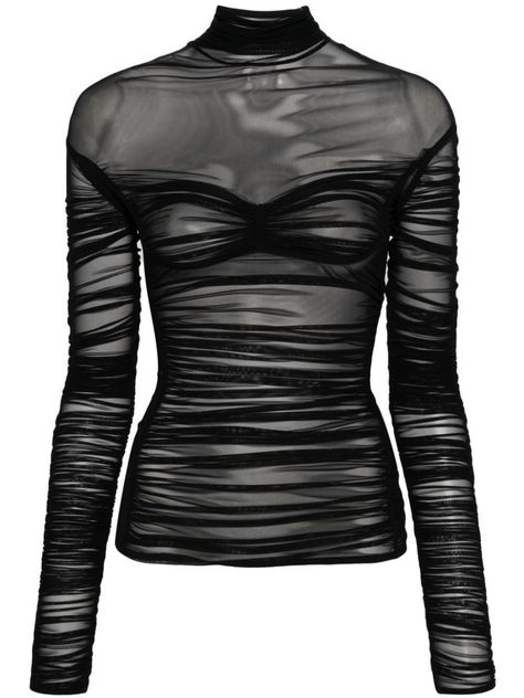 Farfetch Tops, Mugler Top, Mesh Outfit, Black Mesh Bodysuit, Black Tutu, Mesh Long Sleeve Top, Black Mesh Top, Ladies Blouse Designs, Black Sheer Top