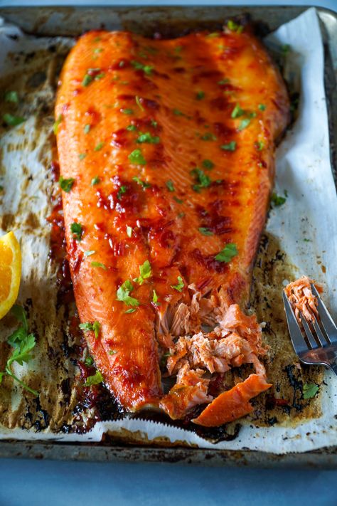 Honey & Harissa Side of Salmon Harissa Fish Recipe, Siracha Salmon, Honey Sriracha Salmon Air Fryer, Harissa Shrimp, Honey Harissa Chicken, Honey Harrisa Salmon, Side Of Salmon, Harissa Salmon, Pescatarian Food