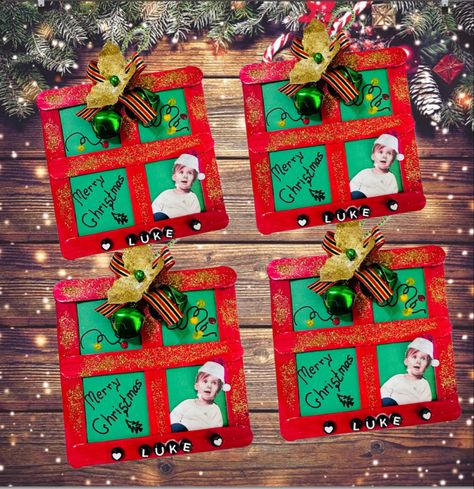 Craft Sticks Christmas Ornaments, Christmas Ornament Popsicle Sticks, Popsicle Stick Picture Frame Christmas, School Photo Ornaments Diy Christmas, Picture Crafts For Kids Christmas, Christmas Crafts With Kids Pictures, Elementary Christmas Gifts For Parents, Kindergarten Christmas Gift For Parents, Kid Diy Christmas Ornaments