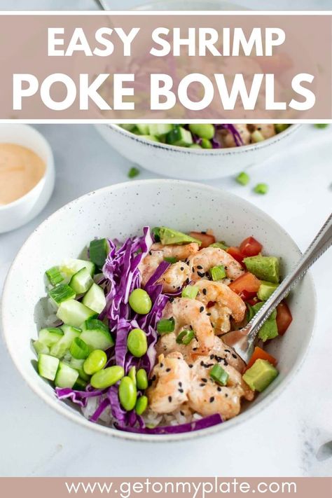 This Shrimp Poke Bowl is quick and easy, making it perfect for a quick weeknight dinner. Shrimp and crunchy veggies are all tossed with a delicious and additive spicy mayo! The creamy shrimp poke bowl sauce is to die for! This bowl is also great a great meal prep recipe! #shrimprecipes #shrimp #easydinnerideas | www.getonmyplate.com Poke Bowl Sauce, Shrimp Poke Bowl, Dinner Shrimp, Bowls Recipes, Gf Dinner, Crunchy Veggies, Poke Bowl Recipe, Shrimp Rice, Truffle Shuffle