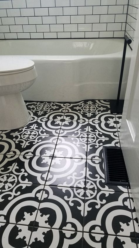 Black And White Tile For Bathroom, Cementina Black And White Tile, Black And White Bathroom Wall Tiles, Della Torre Tile Bathroom, Black And White Ceramic Tile Bathroom, Bathroom Tile Ideas Black And White, Black And White Bathroom Floors, Black And White Pattern Tile Bathroom, Della Torre Tile