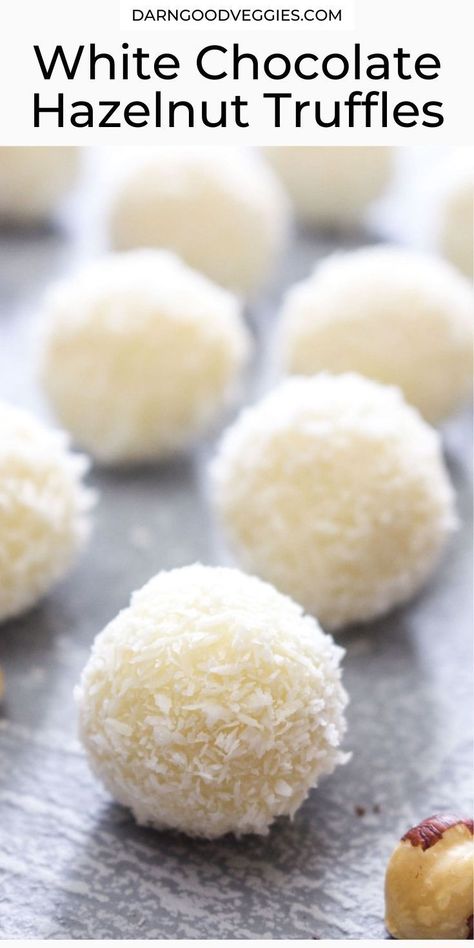 These White Chocolate Hazelnut Truffles are perfect for Christmas! They are dairy free, perfectly sweet, and have a crunchy hazelnut center. Coconut that gets stirred into the white chocolate and then pressed onto the outside of the truffle for a pretty lovely snow-like finish! White Chocolate Coconut Truffles, Easy Christmas Truffles, Sweets For Christmas Desserts, White Chocolate Truffles Recipe, White Christmas Food, Christmas Truffles Recipe, Christmas Dessert Recipes Baking, White Chocolate Recipes Desserts, White Chocolate Balls