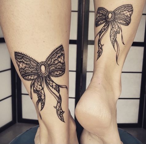 Bows Tattoos For Women Thighs, Lace Ankle Tattoo, Lace Bow Tattoo, Bows Tattoo, Garter Tattoos, Bow Tie Tattoo, Lace Shoulder Tattoo, Lace Thigh Tattoos, Lace Garter Tattoos