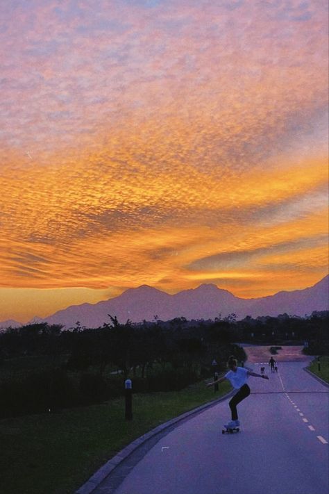 Sunset, skateboarding, skate, skater girl, yellow, orange, mountain, aesthetic, clouds, pretty sky Sunset Skateboarding, Orange Mountain, Skate Aesthetic, Aesthetic Clouds, Mountain Aesthetic, Pretty Skies, Skater Girl, Pretty Sky, Summer 24