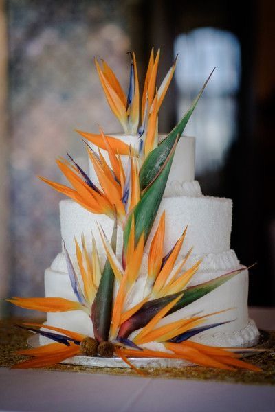 Frosted Wedding Cake, Paradise Cake, Rhinestone Wedding Cake, Bird Of Paradise Wedding, Tropical Wedding Cake, Gold Cake Topper Wedding, Tropical Glam, Tropical Wedding Inspiration, Paradise Wedding