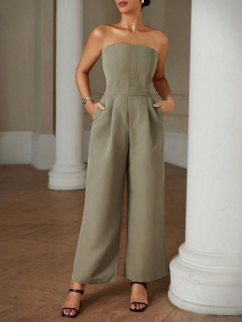 Fashionable And Comfortable Loose Zipper Jumpsuit Suitable For Commuting And Leisure Olive Green Elegant  Sleeveless Woven Fabric Plain Other Non-Stretch Spring/Summer/Fall Women Clothing, size features are:Bust: ,Length: ,Sleeve Length: Jumpsuit Verde, Zipper Jumpsuit, Drawstring Waist Shorts, Casual Stripes, Wide Leg Jumpsuit, Summer Fall, Summer Casual, Women Clothes Sale, All Fashion