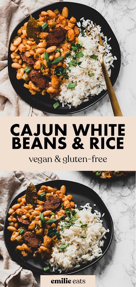 This Vegan Cajun White Beans and Rice recipe is an easy vegan dinner with authentic Cajun flavors that's done in 30 minutes! Head to the blog for this authentic Cajun recipe. #vegandinner #cajun #rice Cajun White Beans, Vegan Cajun Recipes, White Beans And Rice, Protein Entrees, Vegan Bean Recipes, Vegan Cajun, Cajun Rice, Vegan Jambalaya, White Rice Recipes