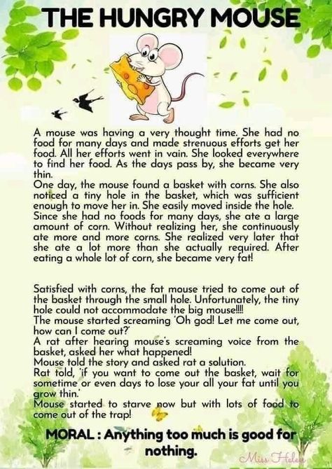 The hungry mouse. Moral short stories for learning English.  anything too much is good for nothing Small Stories In English, Short Story With Moral Lesson, Small English Story, Moral Short Stories, Good Moral Stories, Small Stories For Kids, English Poems For Kids, Story In English, Stories With Moral Lessons