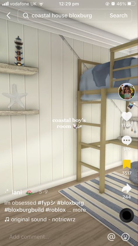 Bloxburg Coastal Beach House Interior, Coastal Baby Room Bloxburg, Costal Room Bloxburg, Costal Decals Bloxburg Decor, Bloxburg Beach Bedroom, Beach Bloxburg, Bloxburg Summer House Ideas, Bloxburg Coastal House, Coastal Bloxburg