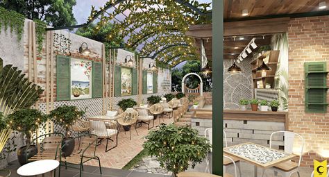 GARDEN CAFE HOIAN-VIETNAM on Behance Roof Top Cafe, Courtyard Cafe, Outdoor Restaurant Design, Cafe Concept, Rooftop Design, Small House Elevation Design, Cafe Terrace, Luxury Living Room Design, Outdoor Cafe