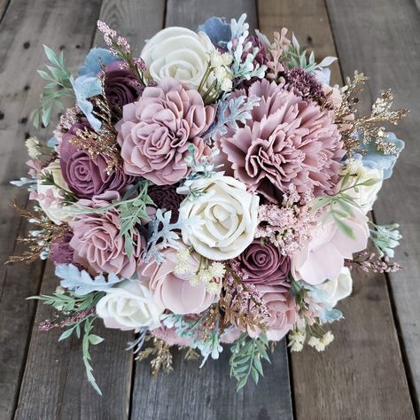 Wedding Flower Alternatives, Wooden Flower Bouquet, Rose Succulent, Blush Bouquet Wedding, Fake Flower Bouquet, Wood Flower Bouquet, Spring Wedding Bouquets, Flower Girl Bouquet, Mauve Wedding