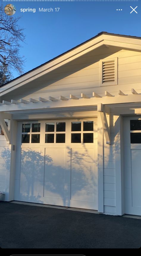 Garage Doors Transitional Style, White House White Garage Door, Patio Exterior Ideas, Coastal Garage, Garage Doors With Windows, Garage Trellis, White Garage Doors, Double Garage Door, Garage Windows