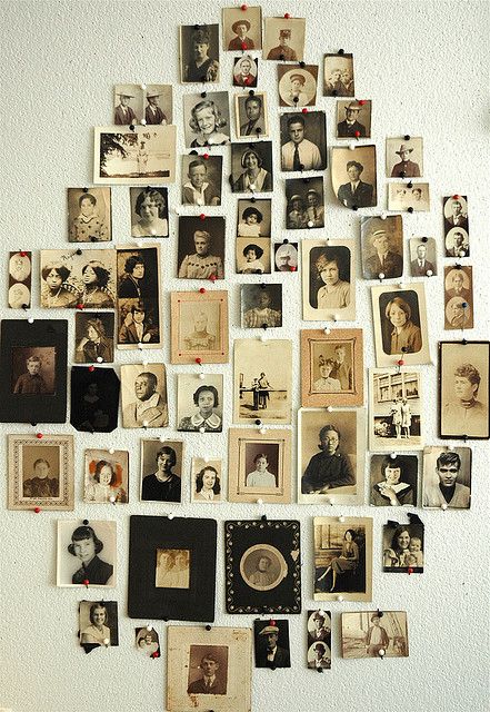 for an empty wall...   over a mantle... This would look great anywhere. Photowall Ideas, Bohol, Vintage Life, Exhibition Space, Displaying Collections, Photo Displays, Family Tree, Old Photos, Vintage Design