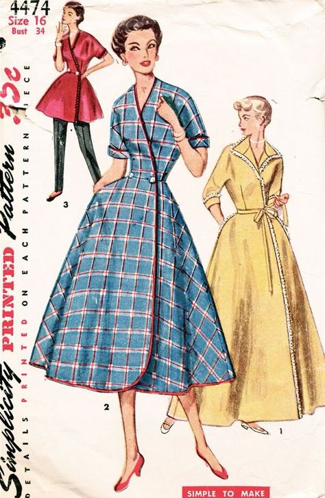 Simplicity Pattern 4474 Vintage 50s Simple To Make - Wrap Housecoat, House Dress, Lounge Coat! --I need more house dresses in my life. If for no other reason than to say I own a few house dresses. House Dress Pattern, Vintage Clothes Patterns, Patron Vintage, 1950 Fashion, Fit And Flare Skirt, Vintage Dress Patterns, Fashion 1950s, Retro Mode, Simplicity Sewing Patterns