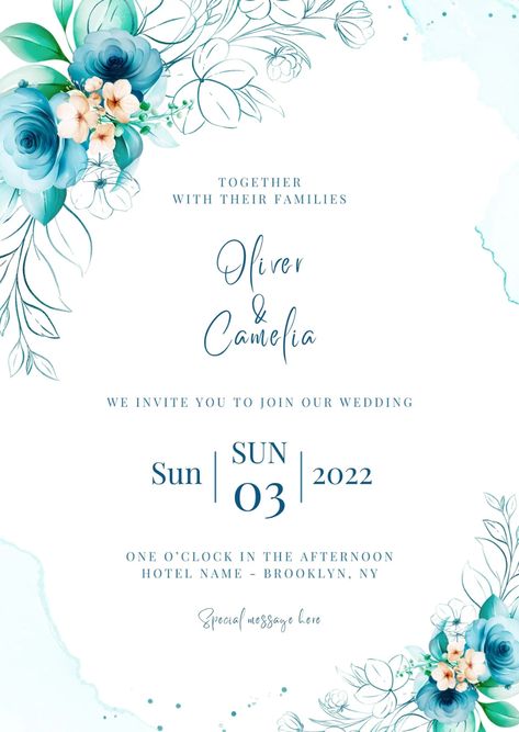 Wedding Invitation Layout, Watercolor Floral Border, Wedding Invitation Designs, Blue Wedding Invitation, Tiffany Blue Wedding, Floral Wedding Invitation Card, Indian Wedding Invitation Cards, Wedding Invitation Card Template, Invitation Card Template