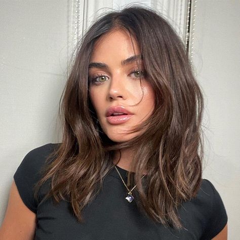 Bob Haircuts For Women Dark Hair, Layered Bob Hairstyles Dark Hair, Lucy Hale Mid Length Hair, Lob With Round Face, Collarbone Length Hair Oval Face, Haircuts After Breakup, Color Bone Length Hair With Curtain Bangs, Medium Length Chunky Layers, Beachy Long Bob