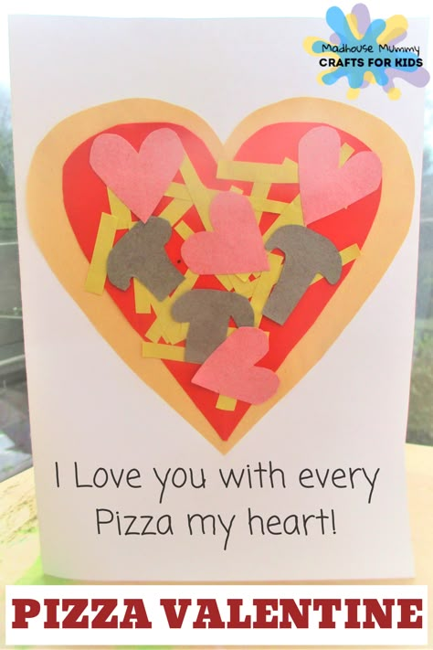 A fun and super simple handmade pizza heart card craft for children.  great for valentines day, mothers day, fathers day and more!  #kidscraft #preschool #kindergarten Crafts For Kids Valentines Day, Fathers Day Crafts Preschool, Pun Valentines, Mother's Day Cards Handmade Simple, Valentines Day Crafts For Preschoolers, Kids Fathers Day Crafts, Valentines Day Cards Diy, Mummy Crafts, Handmade Pizza