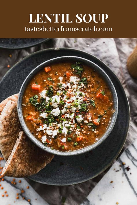 Image showing a healthy lentil soup, perfect for spooky season and cozy winter dinners. Brown Lentil Soup Recipe, Brown Lentil Soup, Moroccan Lentil Soup, Best Lentil Soup Recipe, Creamy Tortellini Soup, Homemade Pita Bread, Lentil Soup Recipes, Sauteed Veggies, Sauteed Vegetables