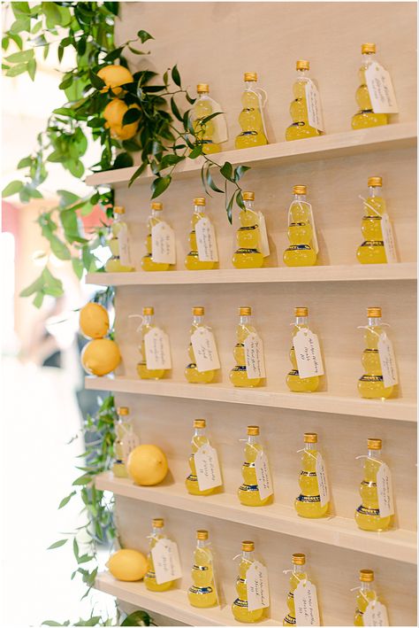 Positano Theme Wedding, Limoncello Bar Wedding, Limoncello Wall Wedding, Limoncello Wall, Positano Bridal Shower Theme, Sicilian Wedding Aesthetic, Limoncello Party Favors, Limoncello Seating Chart, Sicilian Wedding Theme