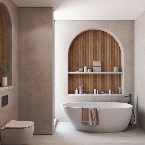 This bathroom design features a beautiful tub, a cozy wooden arch wall, ample storage, and plenty of natural light. It's the perfect retreat for relaxation and rejuvenation. Arch In Bathroom Wall, Bathroom Arch Over Tub, Studio Bathroom, Guest Room Design, Large Bathroom, Arch Wall, Wooden Arch, Architectural Visualization, Large Bathrooms