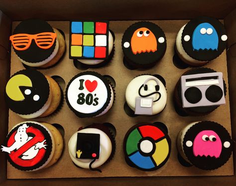 90s Themed Cupcakes, 90s Theme Cupcake Ideas, 80s Cupcakes Ideas, 80s Cupcakes, 80s Theme Cupcakes, Retro Cupcakes, Back To The 80s Cake, 80s Birthday Cupcakes, 80s Theme Cake Pops