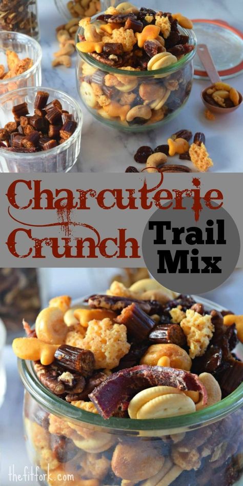 Charcuterie Crunch Beef Trail Mix is a fun and flavorful addition to your football game day snacks. Featuring bits of beef jerky, all cheese crisps, crunch crackers plus nuts and dried fruit -- it's salty-sweet-savory snack that the whole family will love. Plus, you get an extra boost of protein from the beef for the win! Beef Jerky Trail Mix Recipe, Brewery Snack Ideas, Trail Mix With Cheez Its, Savory Trail Mix Recipes, Fireside Snacks, Hunting Snacks, Recovery Planning, Salty Trail Mix, Healthy Superbowl Snacks