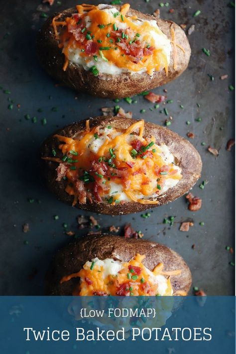 Looking for a kid-friendly side dish? Try these low FODMAP twice baked potatoes! Made with savoury bacon bits, cheddar cheese, and FODMAP friendly chives, these easy twice baked potatoes will take any meat and potatoes meal to the next level! #IBS #gluten Low Fodmap Baked Potato, Fodmap Lunch Ideas, Low Fodmap Lunch Ideas, Low Fodmap Lunch, Fodmap Meals, Fodmap Lunch, Fodmap Recipes Dinner, Low Fodmap Recipes Dinner, Gi Health