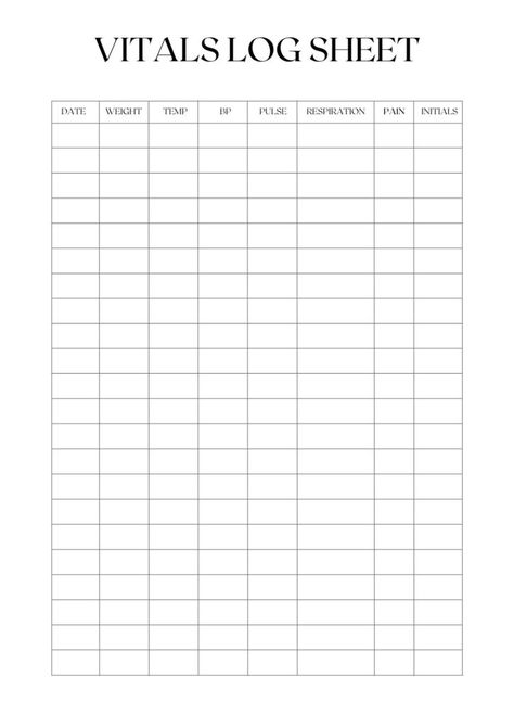 Printable Blank Vitals Log Sheet Template PDF Vitals Log Sheet, Vital Signs Chart Printable, Vitals Sheet, Vital Signs Chart, Er Tech, Weight Log, Printable Signs Free, Blood Pressure Log, Program Director