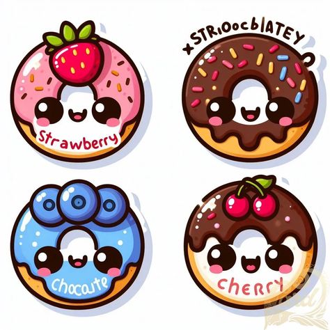 Stickers Drawing Ideas, Kawaii Cute Drawing, Conservation Poster, Drawing Stickers, Kawaii Donut, Donut Drawing, Cute Cartoon Food, Donut Sticker, Cute Frozen