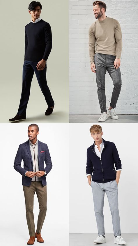 Men's Crew Neck And Shirt Business-Casual Outfit Inspiration Lookbook Smart Business Attire, Business Casual Outfits For Men, Business Casual Dress Code, Interview Outfits, Mens Fashion Work, Mens Fashion Sweaters, Mens Fashion Business Casual, Casual Dressing, Mens Fashion Casual Winter