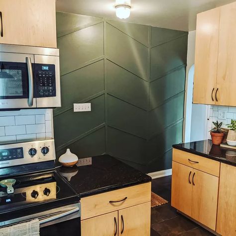 Green Accent Wall In Kitchen, Small Kitchen Accent Wall, Green Accent Wall Kitchen, Accent Wall With Mirror, Wall Above Kitchen Sink, Accent Wall Farmhouse, Kitchen Accent Wall Ideas, Wall With Mirror, Kitchen Accent Walls