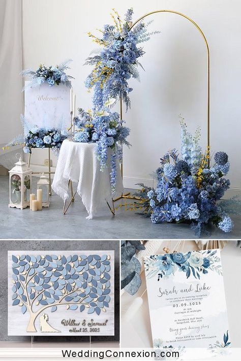 Convey a romantic and classy feel to your venue with dusty blue wedding ideas. This lovely combination makes for a timeless color palette. Whether you’re opt for a classic look or a modern minimalist, this article will explore the best decor ideas for incorporating dusty blue into your wedding at WeddingConnexion.com Best Decor Ideas, Blue Wedding Ideas, Color Spotlight, Elegant Wedding Colors, Moodboard Wedding, Blue Taper Candles, Wedding Motif, Blue Wedding Receptions, Romantic Wedding Colors