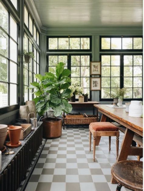 Checkered Floor Sunroom, Tile Sunroom, Checkered Tile, Checkered Floor, Conservatory Greenhouse, Sun Porch, Painted Brick, Studio Ideas, Mud Room