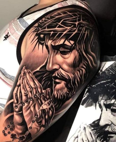 Jesus Tattoo On Arm, Jesus Hand Tattoo, Jesus Tattoo Sleeve, Religious Tattoo Sleeves, Christus Tattoo, Tato 3d, Jesus Christ Tattoo, Jesus Tattoo Design, Christian Sleeve Tattoo