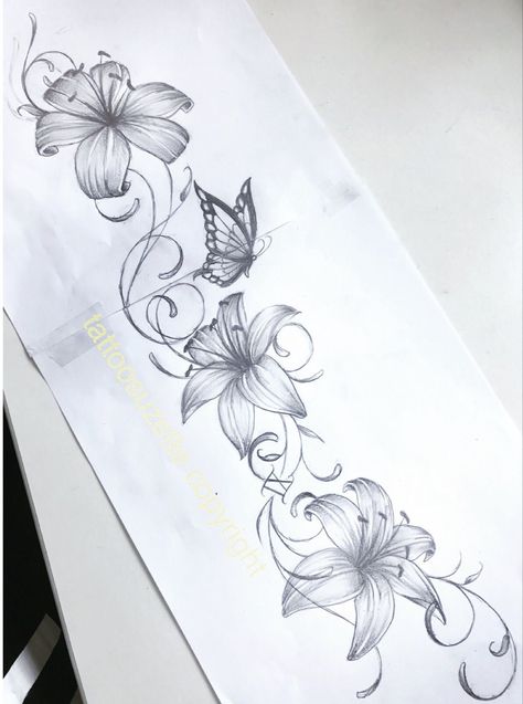 Lilly Flower Tattoo Designs Forearm, Pretty Flowers Tattoo Design, Lily Flower Sleeve Tattoo, Pretty Flowers Tattoo, Flower Side Arm Tattoo, Flower Vain Tattoos, Lily Tattoo Design Sleeve, Vine And Flower Tattoo Sleeve, Lily Flower Back Tattoo