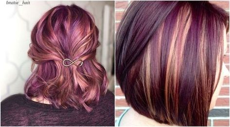 Short Hair Colors Ideas, Pretty Haircolors, Hair Dye Patterns, Peanut Butter And Jelly Hair, Colored Locks, Pinwheel Hair Color, Red Blonde, Magenta Hair, Purple Highlights