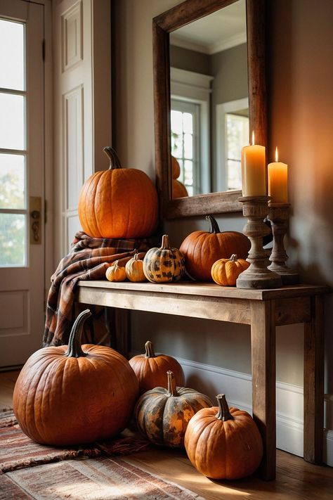 Step into a world of cozy charm with this beautifully styled entryway! Featuring a stunning wooden floor that adds character, this space is adorned with vibrant pumpkins and autumn accents that encapsulate the spirit of fall. The elegant mirror not only enhances the decor but also reflects the warmth of the season. It’s the perfect first impression for your home! #homedesign #homedecor #fallesthetics #falldecor #falldesign #homedesigninspo Styled Entryway, Welcoming Entryway, Elegant Mirror, Elegant Mirrors, Wooden Floor, Fall Design, First Impression, Wooden Flooring, Home Decor Inspiration