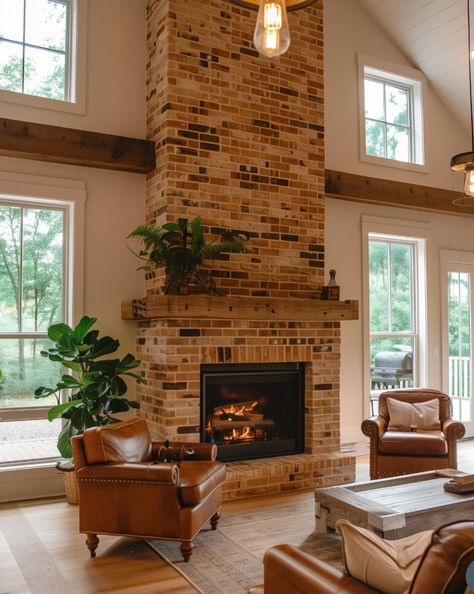 Fireplace With Wood Storage Farmhouse, Red Brick And Shiplap Fireplace, Brick Fireplace High Ceiling, Faux Fireplace Brick, Brick Fireplace Floor To Ceiling, Tv Above Wood Burning Stove, Rustic Living Room Fireplace, Red Brick Fireplace Living Room, Farmhouse With Brick