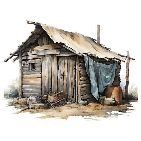 Premium Photo | Watercolor Cottage of Derelict Cabin Discarded Food Cans Weathered Greens and Brow Art 2D Vector Houses Watercolor, Watercolor Cottage, Color Art Lessons, Brow Art, Pen Art Work, Cabin Art, Painting Pictures, Watercolor Architecture, Props Art