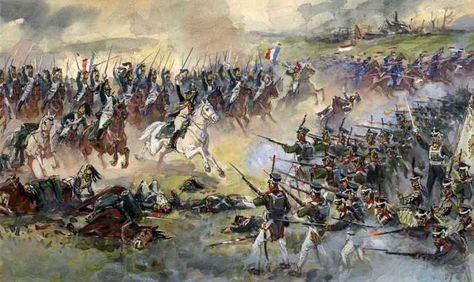 French dragoons (left) and Polish uhlans (top right) vs Russian infantry (bottom right). 1812. Battle Of Borodino, First French Empire, French Pictures, Military Images, Battle Of Waterloo, Historical Painting, Military Diorama, French Army, Napoleonic Wars