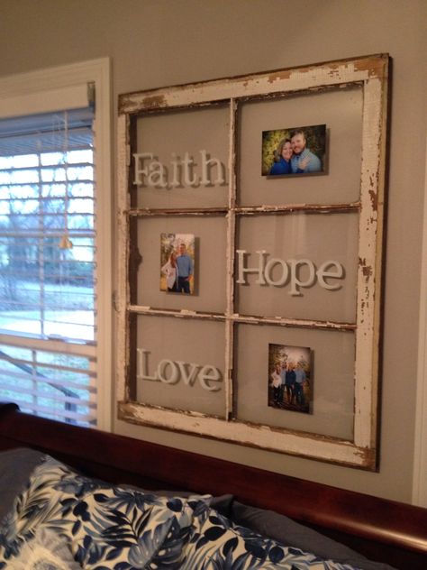 Old 6 pane window....vinyl lettering and favorite photos! 6 Panel Window Frame Ideas, 6 Pane Window Ideas, Old Window Crafts, Window Pane Art, Old Window Panes, Window Frame Decor, Old Window Projects, Old Window Frames, Repurposed Windows