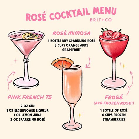 Rosé all day 🌸🥂 It's National Rosé Day⁠ and we're celebrating with the prettiest pink drinks. Try one of these cocktails (or make it a mocktail!) and hit the link in bio for 15 Insanely Refreshing Rosé Cocktail Recipes You Need To Try This Summer 🍹 ⁠ ⁠ 🍸 Pink French 75 🍸 ⁠ - 2 oz gin⁠ - 1 oz elderflower liqueur ⁠ - 1 oz lemon juice⁠ - 2 oz sparkling rosé⁠ ⁠ 🥂 Rosé Mimosa 🥂 ⁠ - 1 bottle of dry sparkling rosé⁠ - 3 cups of orange juice⁠ - grapefruit⁠ ⁠ 🍓 Frosé (aka Frozen Rosé) 🍓 ⁠ - 1 bottle of... Birthday Drinks Alcohol, Rose Cocktail Recipes, Pink Gin Cocktails, Rose Drink, French 75 Cocktail, Grapefruit Cocktail, Food Plating Techniques, Frozen Rose, Rose Cocktail