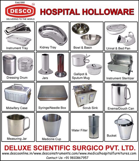 HOSPITAL HOLLOWARE: Includes Instrument Tray, Kidney Tray, Bowl & Basin, Urinal & Bed Pan, Dressing Drum, Jars, Gallipot & Sputum Mug, Instrument Sterilizers, Midwifery Case, Syringe/ Needle Box, Scrub Sink, Enema/Douch Can, Measuring Jar, Medicine Caup, Water Filter, Bucket and others… Hospital Tools, Surgical Technologist Student, Medications Nursing, Medical Terminology Study, Nursing School Inspiration, Bed Pan, Bowl Basin, Nursing Home Activities, Medical Words